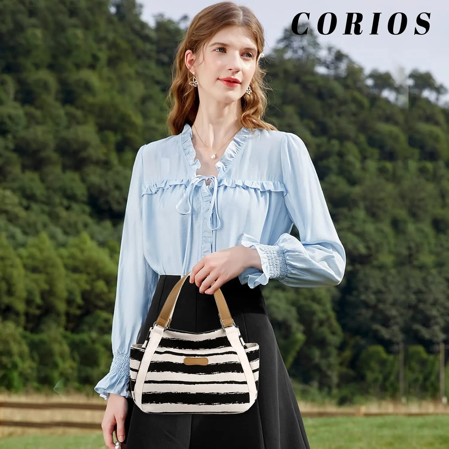 Women Canvas Tote Bag Striped Handbag Middle Capacity Shoulder Bag Casual Underarm Bag