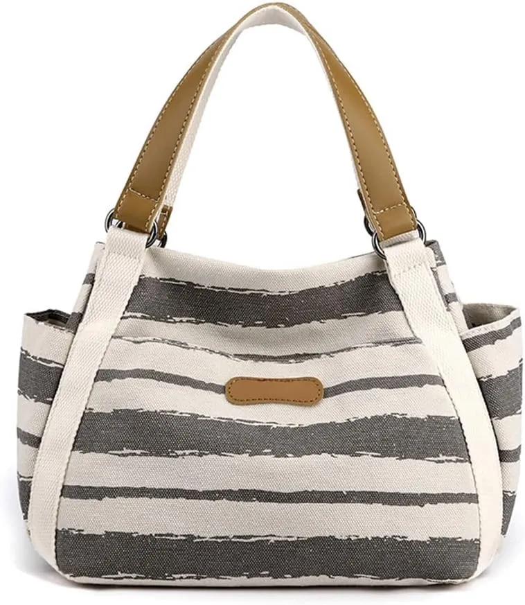 Women Canvas Tote Bag Striped Handbag Middle Capacity Shoulder Bag Casual Underarm Bag