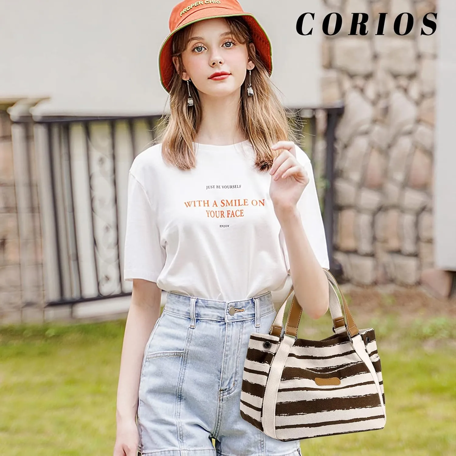 Women Canvas Tote Bag Striped Handbag Middle Capacity Shoulder Bag Casual Underarm Bag