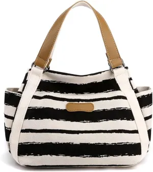 Women Canvas Tote Bag Striped Handbag Middle Capacity Shoulder Bag Casual Underarm Bag