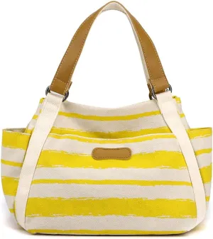 Women Canvas Tote Bag Striped Handbag Middle Capacity Shoulder Bag Casual Underarm Bag