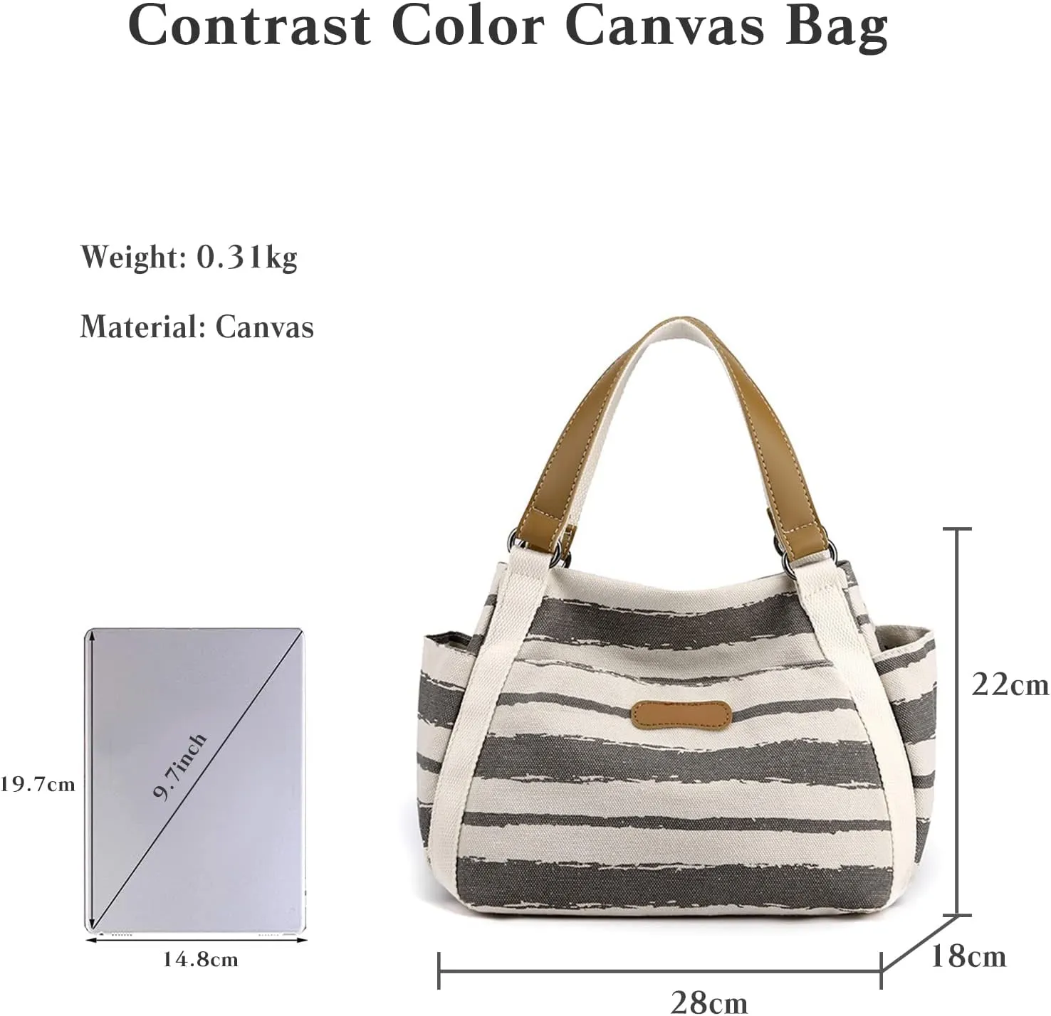 Women Canvas Tote Bag Striped Handbag Middle Capacity Shoulder Bag Casual Underarm Bag