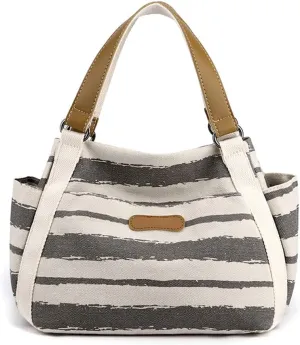 Women Canvas Tote Bag Striped Handbag Middle Capacity Shoulder Bag Casual Underarm Bag