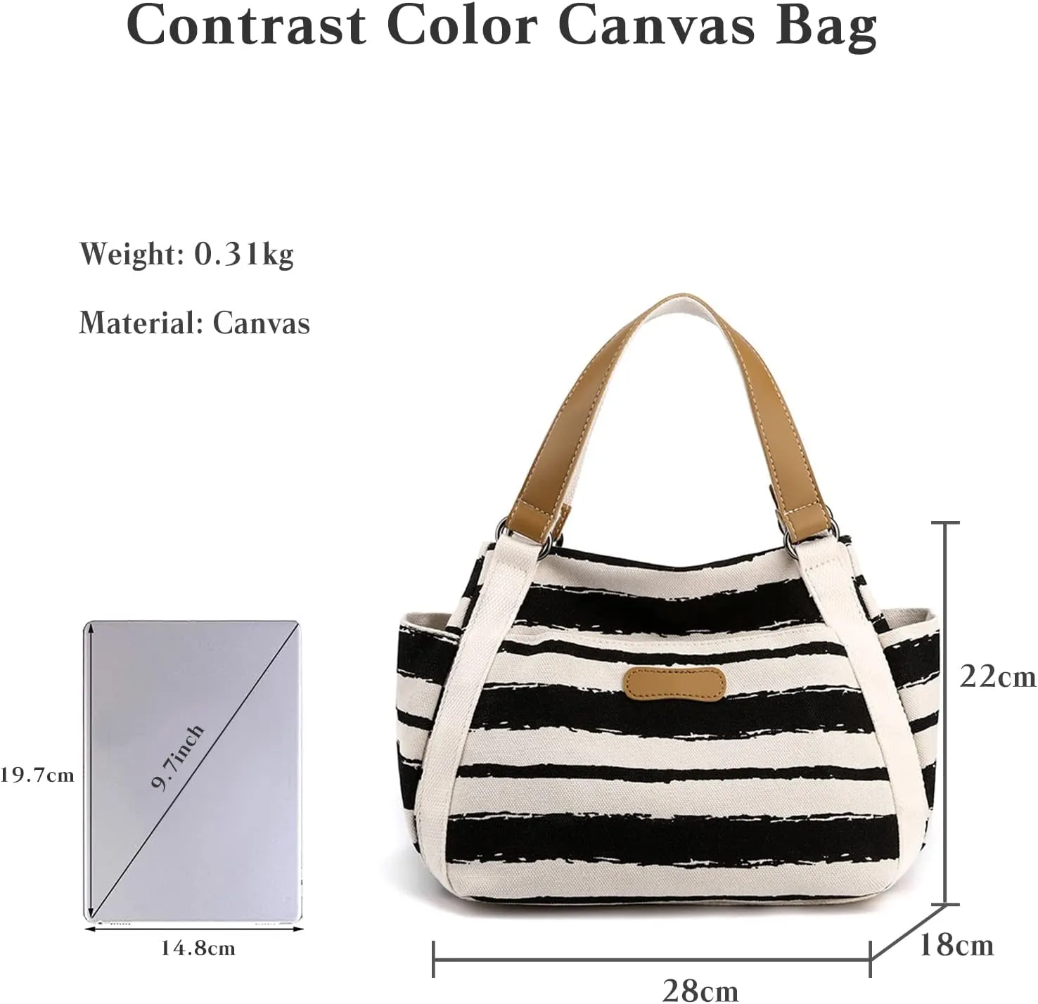 Women Canvas Tote Bag Striped Handbag Middle Capacity Shoulder Bag Casual Underarm Bag