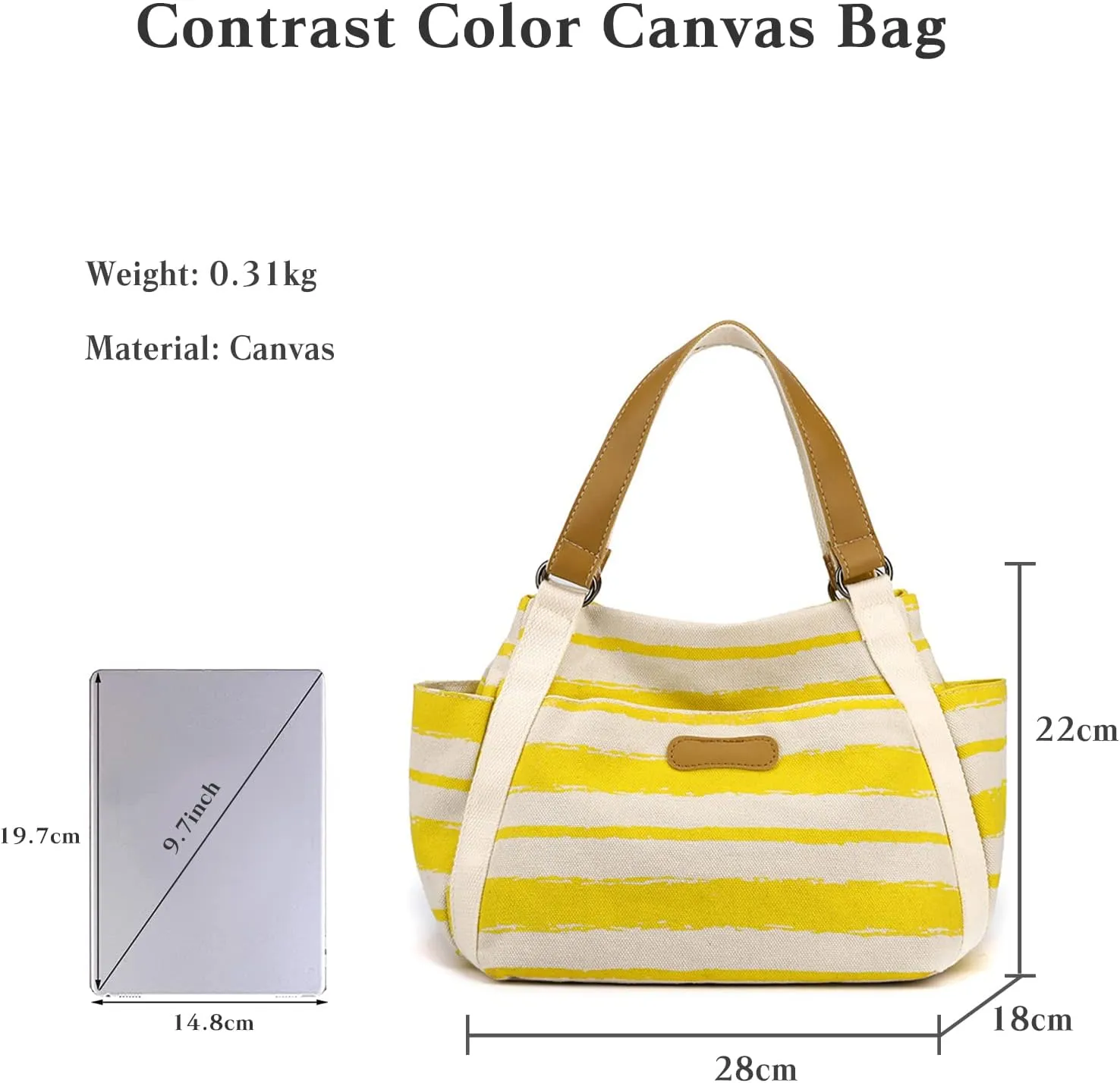 Women Canvas Tote Bag Striped Handbag Middle Capacity Shoulder Bag Casual Underarm Bag