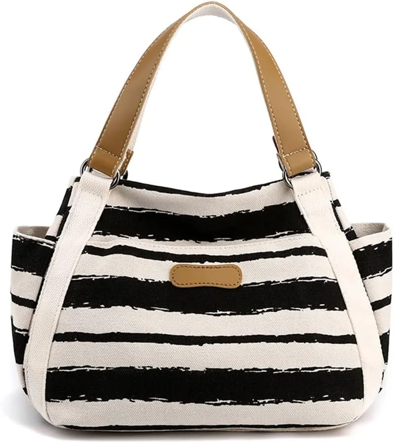 Women Canvas Tote Bag Striped Handbag Middle Capacity Shoulder Bag Casual Underarm Bag