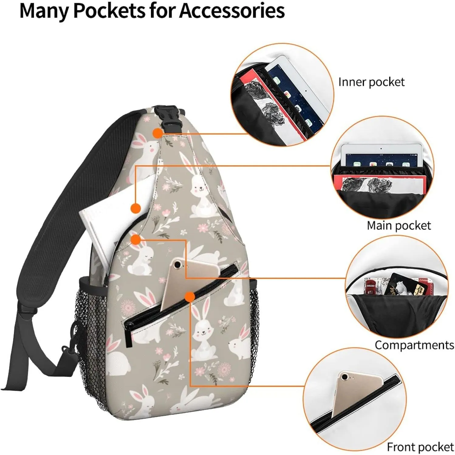 Women Cartoon Bunny Cute White Rabbit Crossbody Sling Backpack for Men Chest Bag Shoulder Bag Lightweight One Strap Backpack Travel Outdoor Daypack