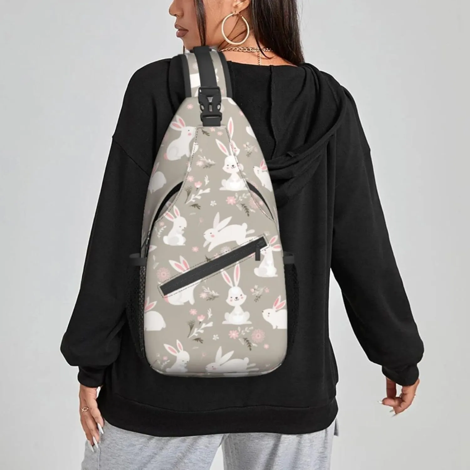 Women Cartoon Bunny Cute White Rabbit Crossbody Sling Backpack for Men Chest Bag Shoulder Bag Lightweight One Strap Backpack Travel Outdoor Daypack