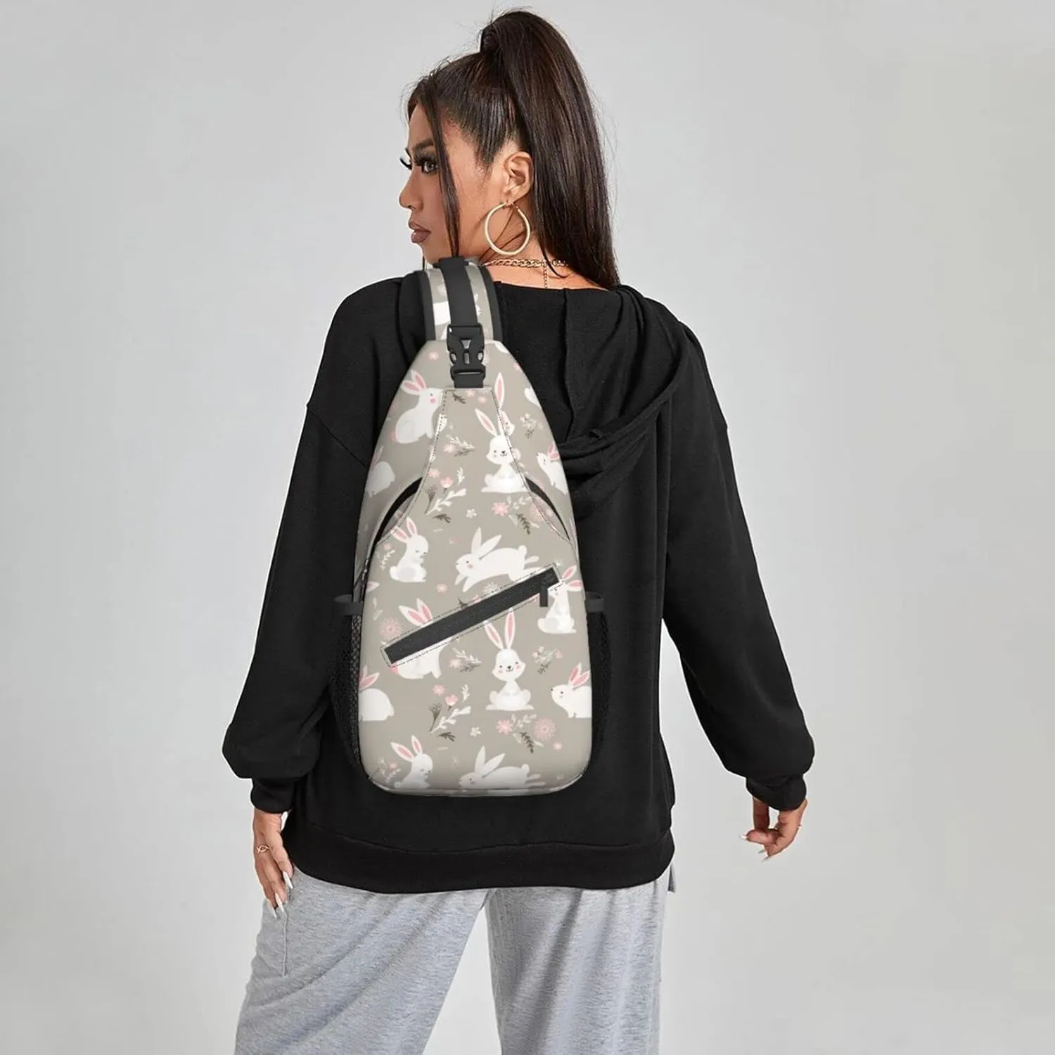 Women Cartoon Bunny Cute White Rabbit Crossbody Sling Backpack for Men Chest Bag Shoulder Bag Lightweight One Strap Backpack Travel Outdoor Daypack