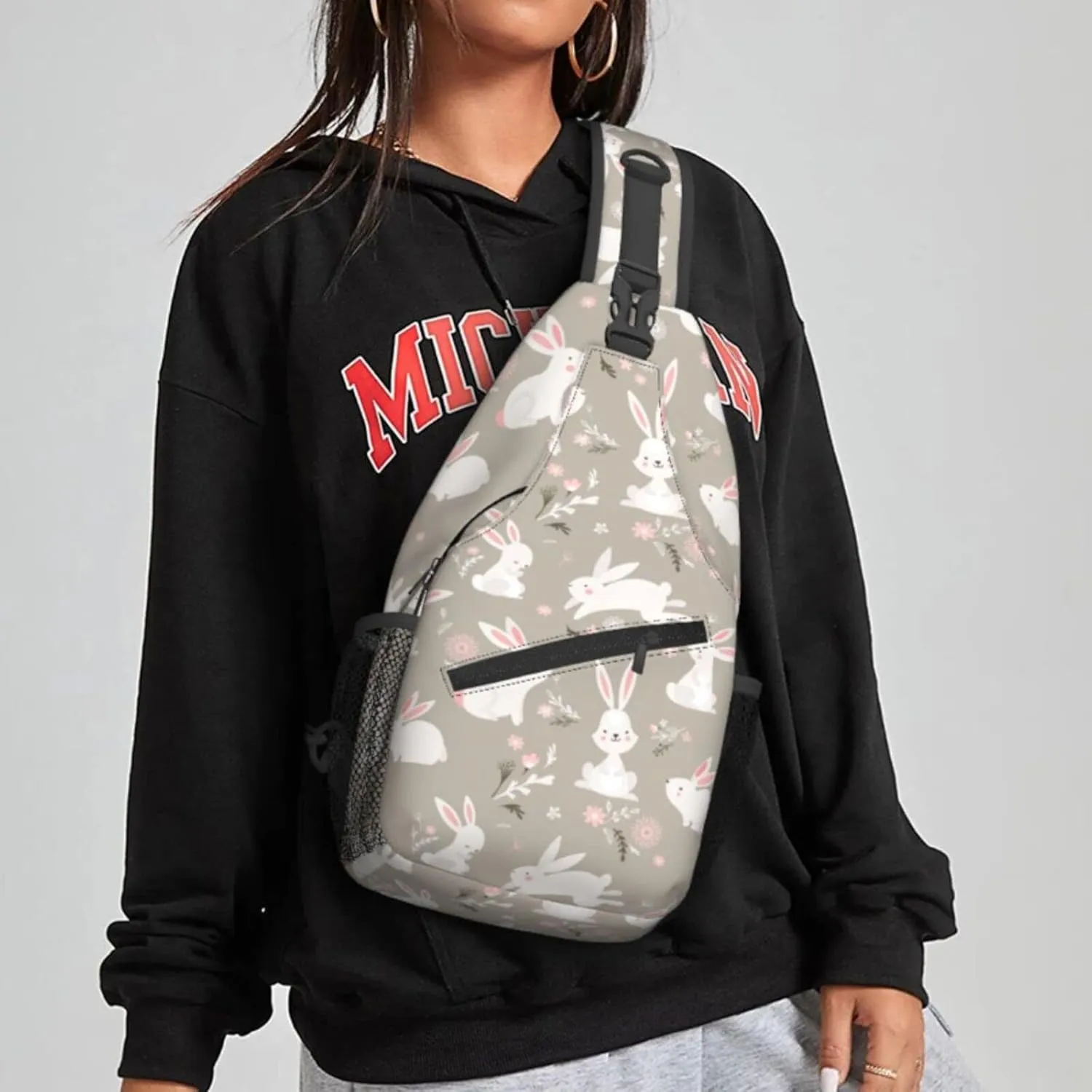 Women Cartoon Bunny Cute White Rabbit Crossbody Sling Backpack for Men Chest Bag Shoulder Bag Lightweight One Strap Backpack Travel Outdoor Daypack