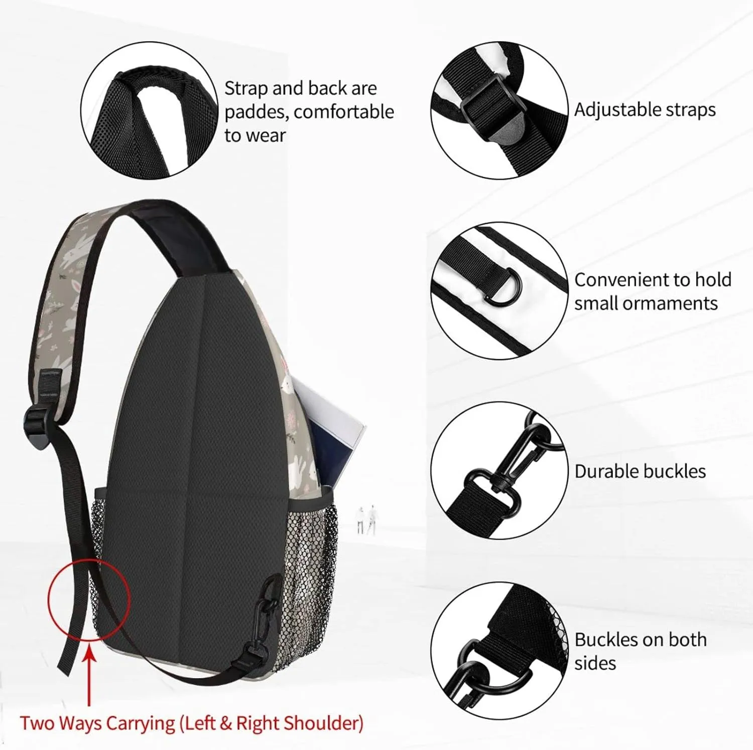 Women Cartoon Bunny Cute White Rabbit Crossbody Sling Backpack for Men Chest Bag Shoulder Bag Lightweight One Strap Backpack Travel Outdoor Daypack