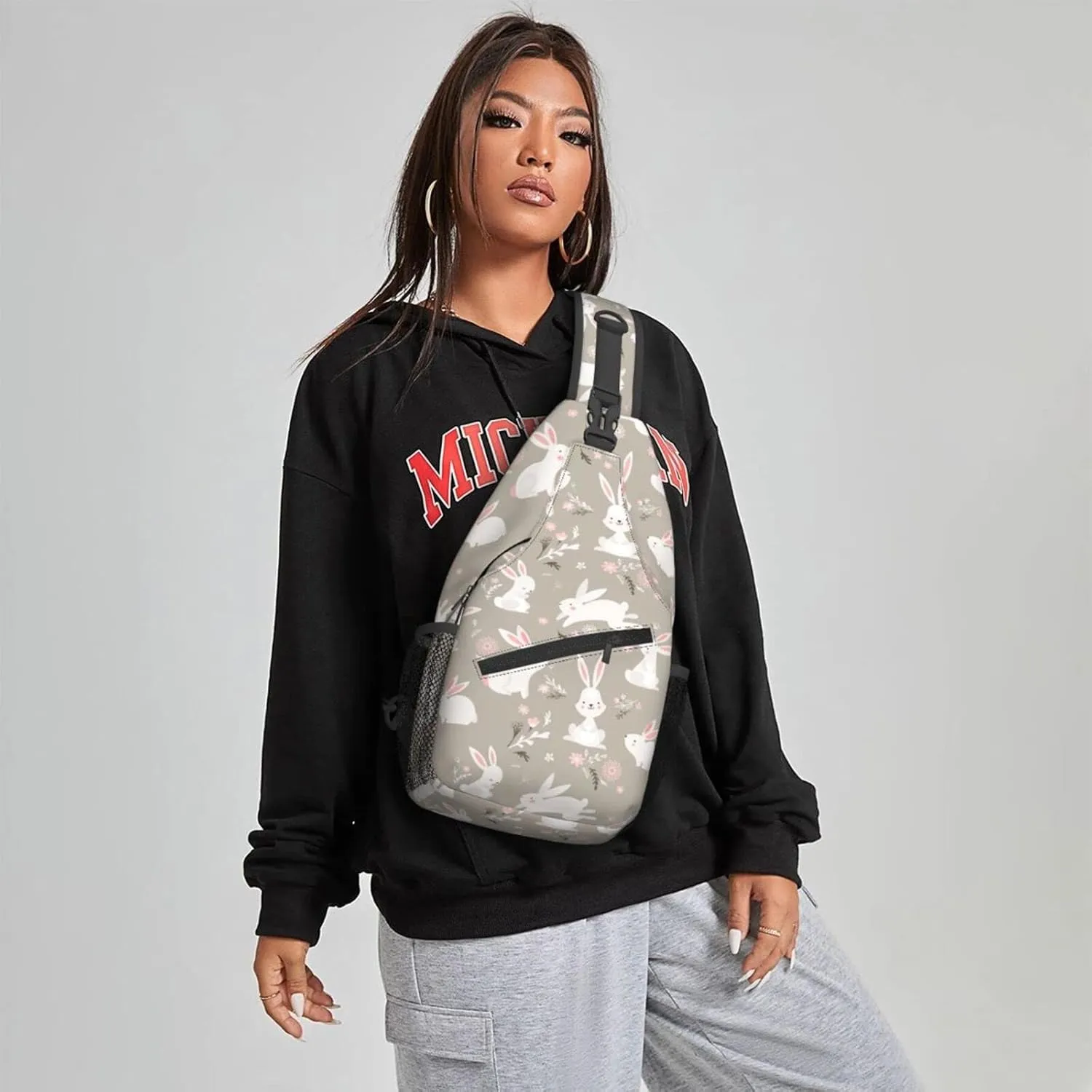Women Cartoon Bunny Cute White Rabbit Crossbody Sling Backpack for Men Chest Bag Shoulder Bag Lightweight One Strap Backpack Travel Outdoor Daypack