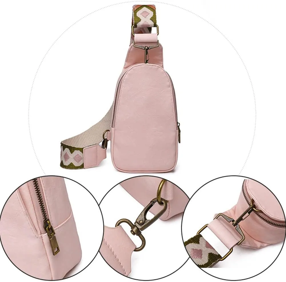Women Chest Bag Sling Bag Small Crossbody PU Leather Satchel Daypack for Lady Shopping Travel with Shoulder Strap (Beige)