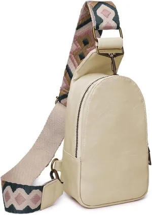Women Chest Bag Sling Bag Small Crossbody PU Leather Satchel Daypack for Lady Shopping Travel with Shoulder Strap (Beige)