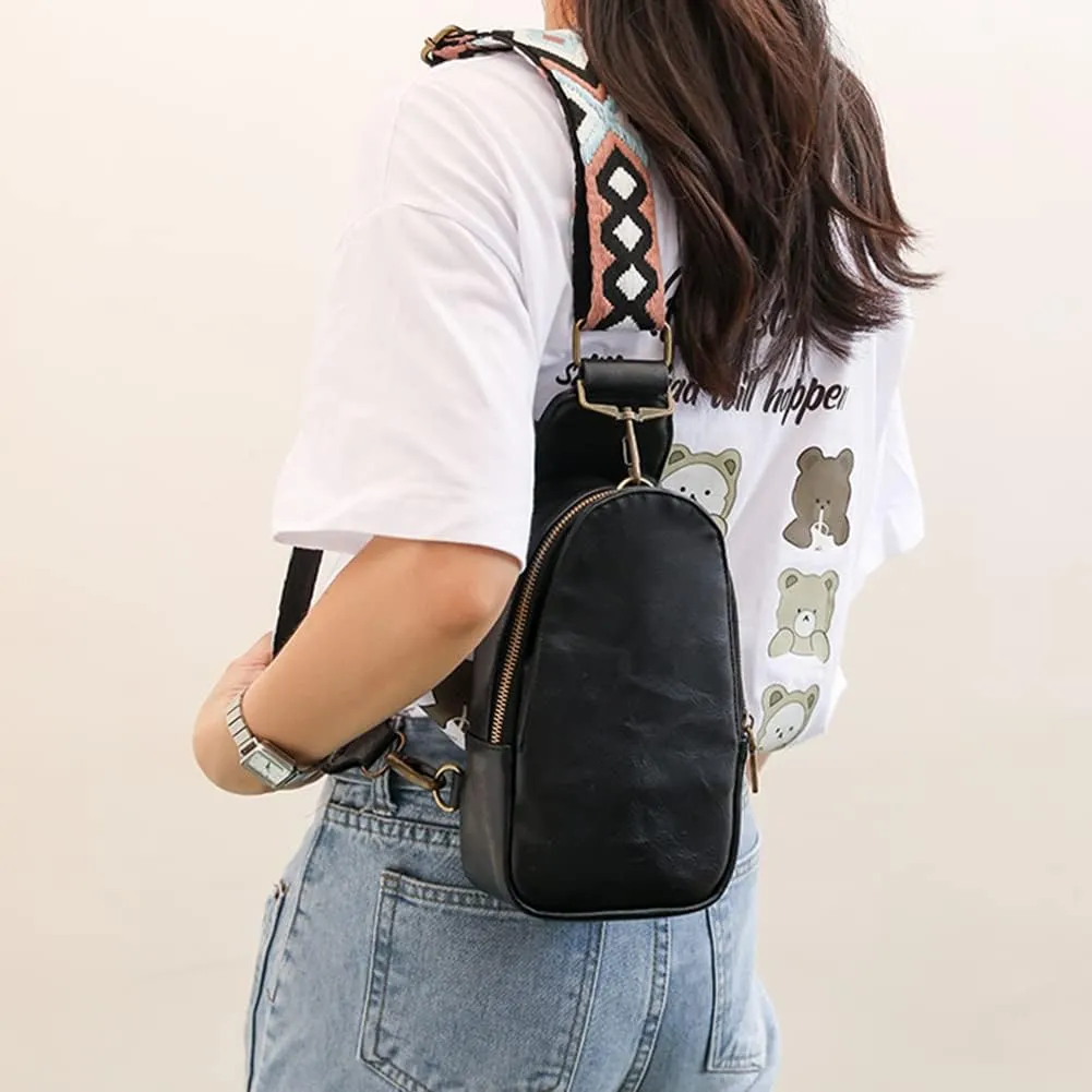 Women Chest Bag Sling Bag Small Crossbody PU Leather Satchel Daypack for Lady Shopping Travel with Shoulder Strap (Beige)