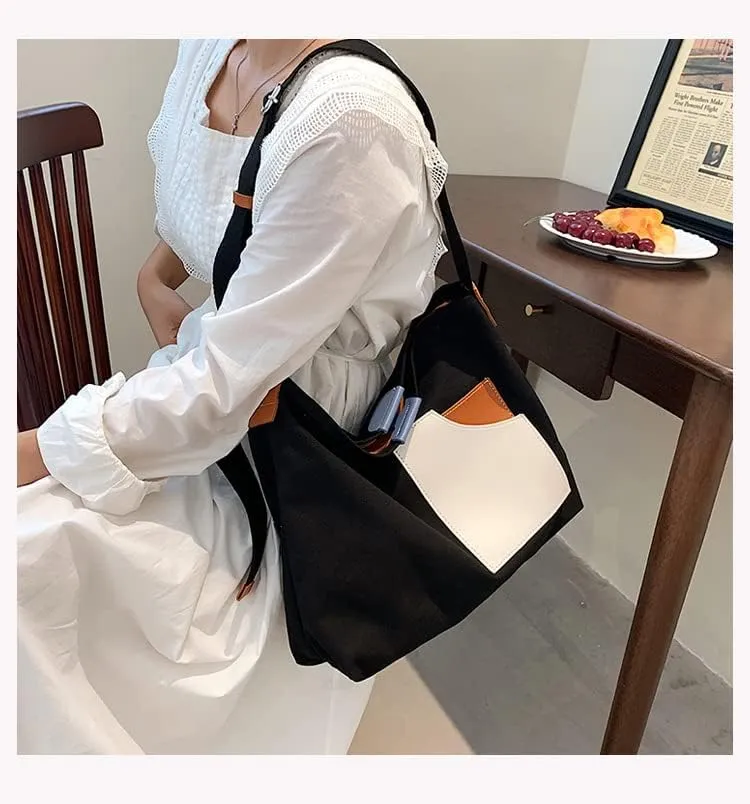 Women Contrast Color Large Capacity Shoulder Bag Canvas Patchwork Design Tote Bag with Adjustable Strap