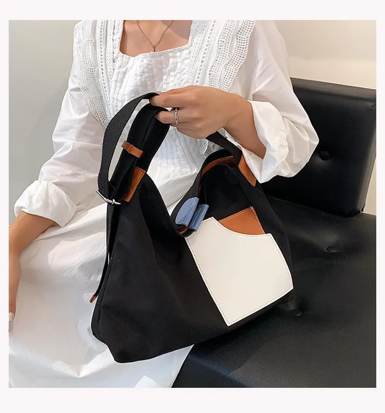 Women Contrast Color Large Capacity Shoulder Bag Canvas Patchwork Design Tote Bag with Adjustable Strap