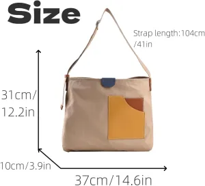 Women Contrast Color Large Capacity Shoulder Bag Canvas Patchwork Design Tote Bag with Adjustable Strap