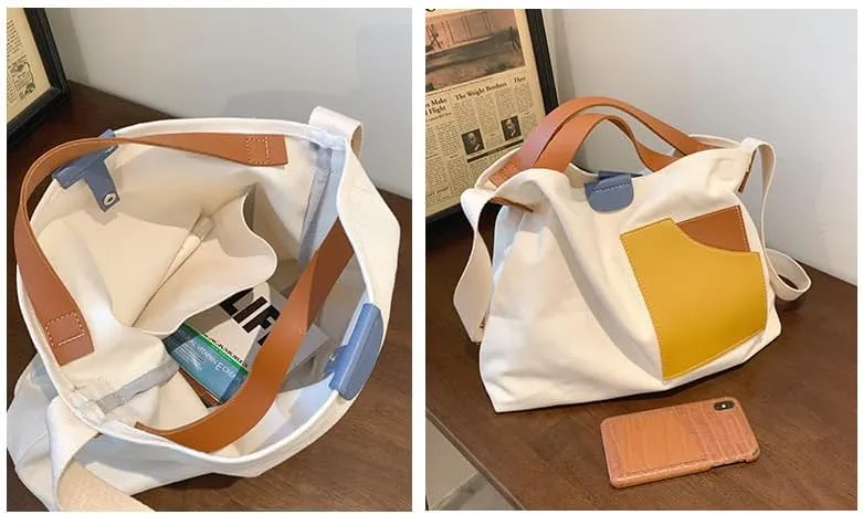 Women Contrast Color Large Capacity Shoulder Bag Canvas Patchwork Design Tote Bag with Adjustable Strap