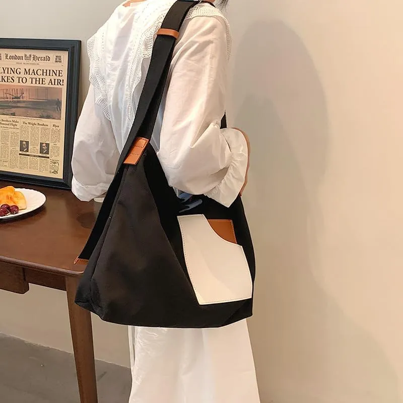 Women Contrast Color Large Capacity Shoulder Bag Canvas Patchwork Design Tote Bag with Adjustable Strap