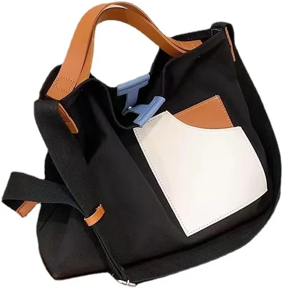Women Contrast Color Large Capacity Shoulder Bag Canvas Patchwork Design Tote Bag with Adjustable Strap