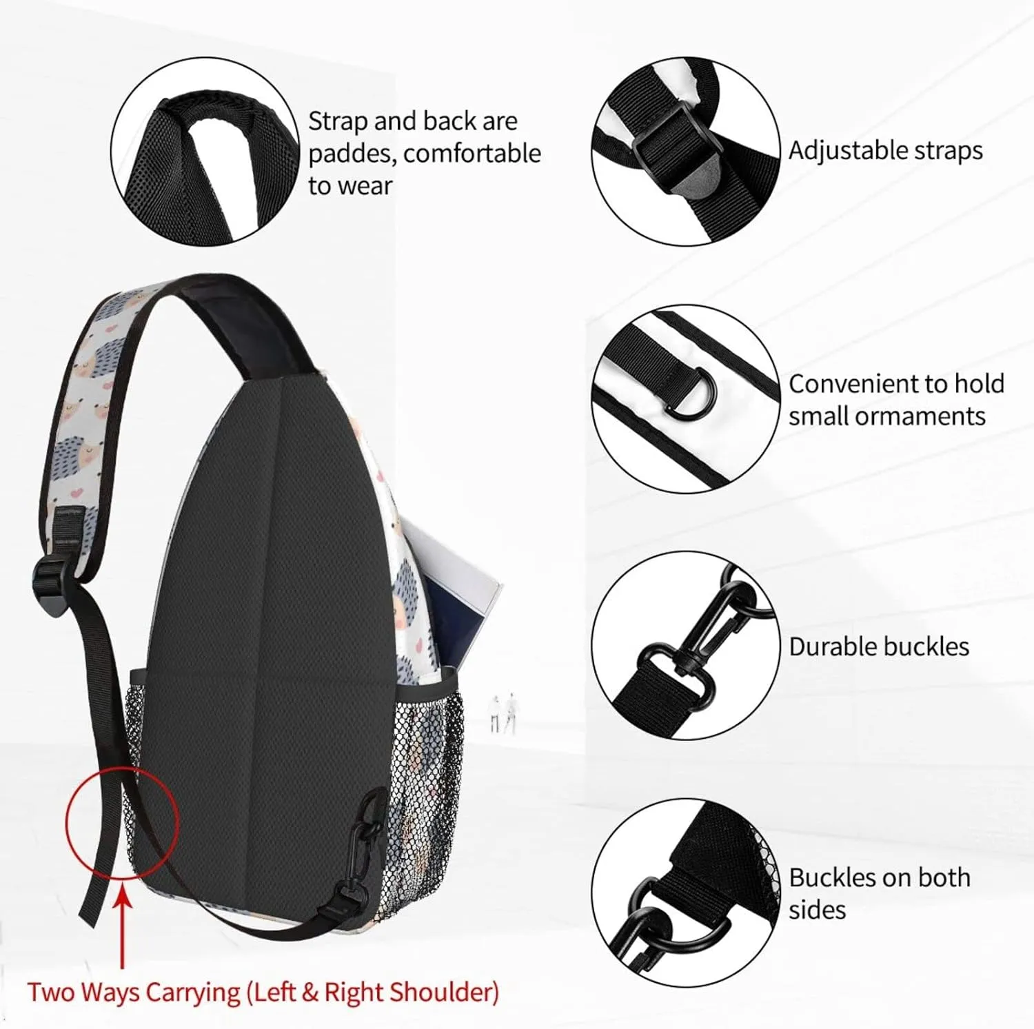 Women Cute Hedgehog Hearts Crossbody Sling Backpack for Men Chest Bag Shoulder Bag Lightweight One Strap Backpack Travel Outdoor Daypack