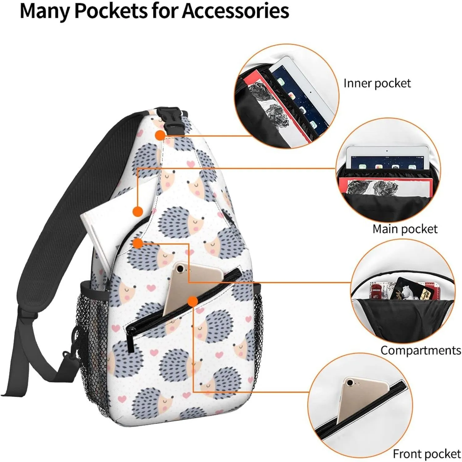 Women Cute Hedgehog Hearts Crossbody Sling Backpack for Men Chest Bag Shoulder Bag Lightweight One Strap Backpack Travel Outdoor Daypack