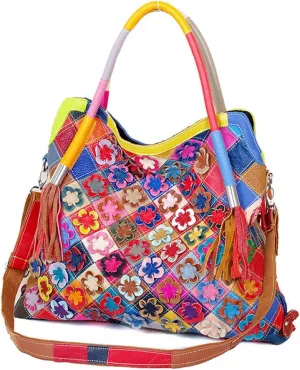 Women Flower Multicolor Handbag Genuine Leather Shoulder Purse Colorful Patchwork Work Shopper Satchel
