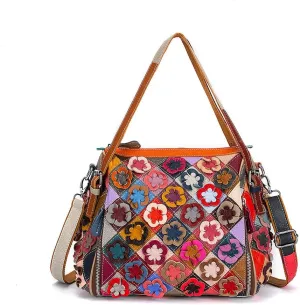 Women Flower Multicolor Handbag Genuine Leather Shoulder Purse Colorful Patchwork Work Shopper Satchel