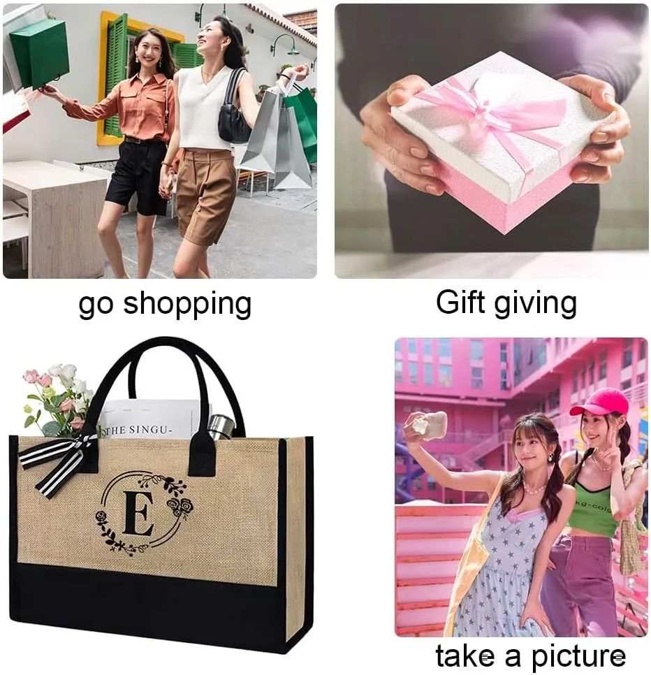 Women Jute Tote Bag Personalized Tote Bag Large Capacity Fashion Shopping Bag with Letter Linen Travel Handbag for
