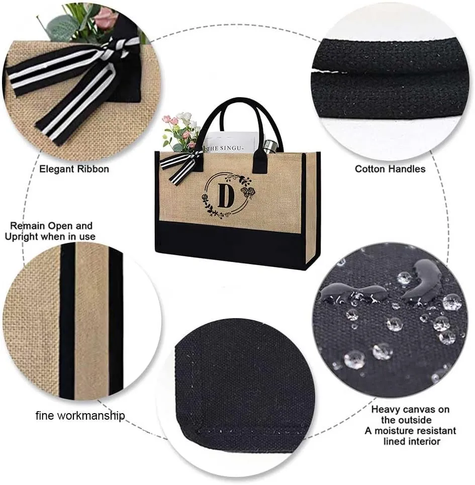Women Jute Tote Bag Personalized Tote Bag Large Capacity Fashion Shopping Bag with Letter Linen Travel Handbag for