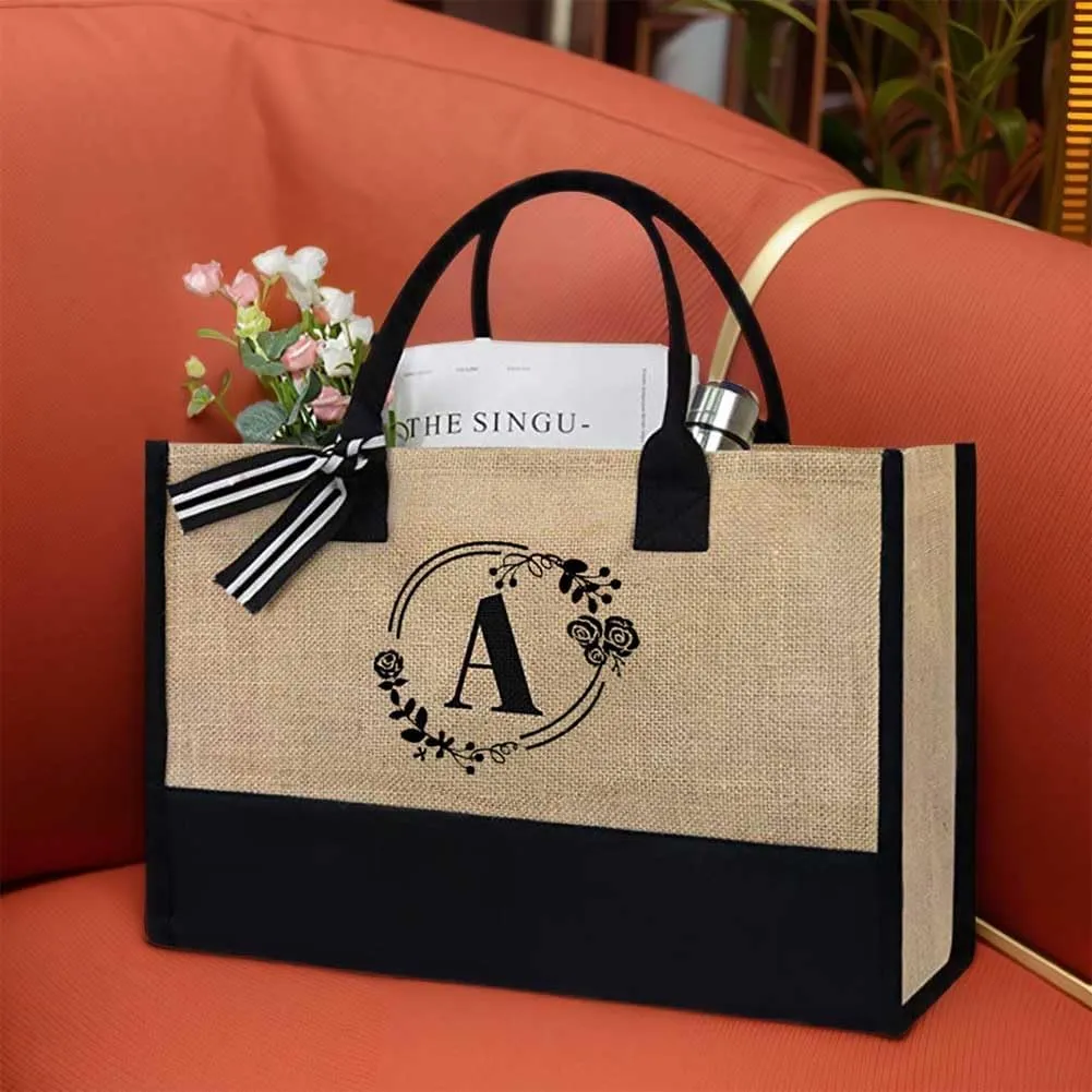 Women Jute Tote Bag Personalized Tote Bag Large Capacity Fashion Shopping Bag with Letter Linen Travel Handbag for