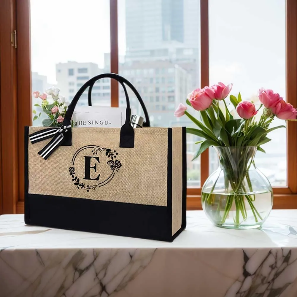 Women Jute Tote Bag Personalized Tote Bag Large Capacity Fashion Shopping Bag with Letter Linen Travel Handbag for