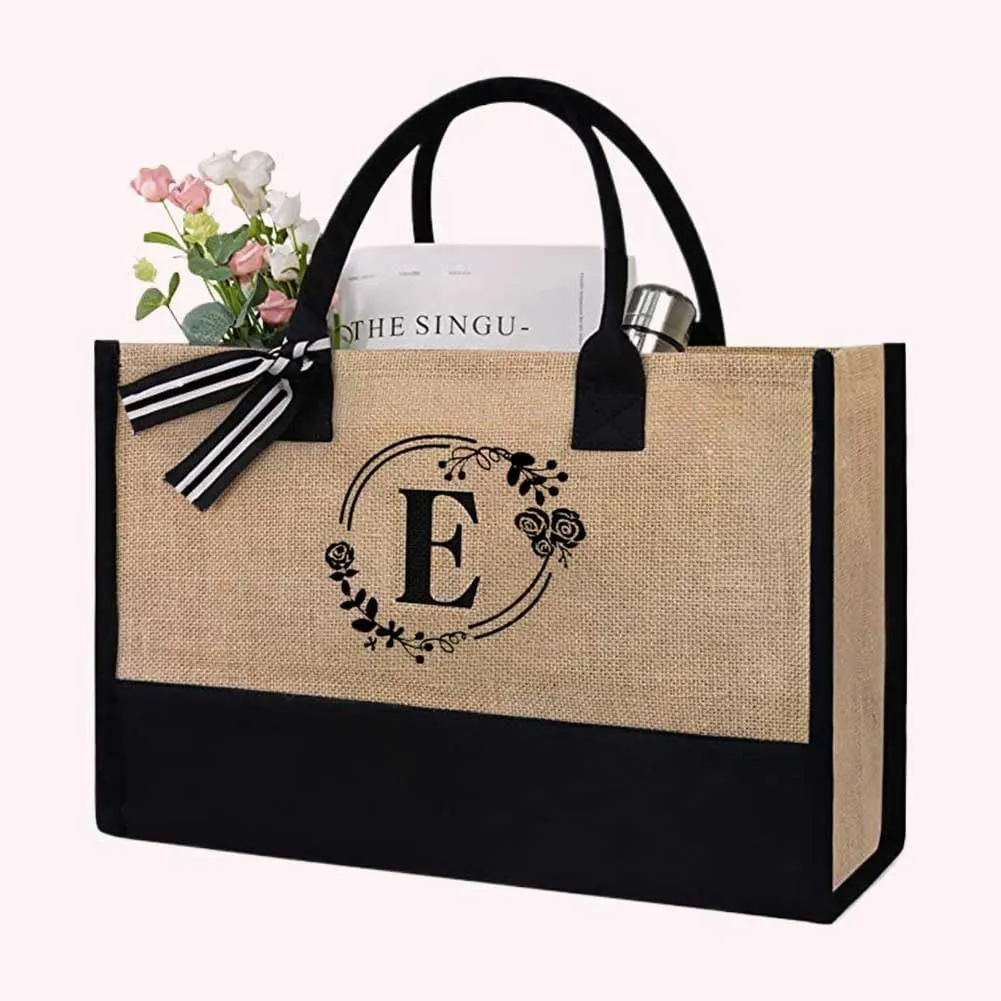 Women Jute Tote Bag Personalized Tote Bag Large Capacity Fashion Shopping Bag with Letter Linen Travel Handbag for