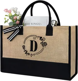 Women Jute Tote Bag Personalized Tote Bag Large Capacity Fashion Shopping Bag with Letter Linen Travel Handbag for