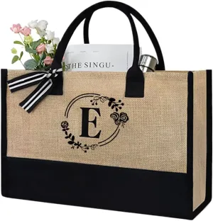 Women Jute Tote Bag Personalized Tote Bag Large Capacity Fashion Shopping Bag with Letter Linen Travel Handbag for