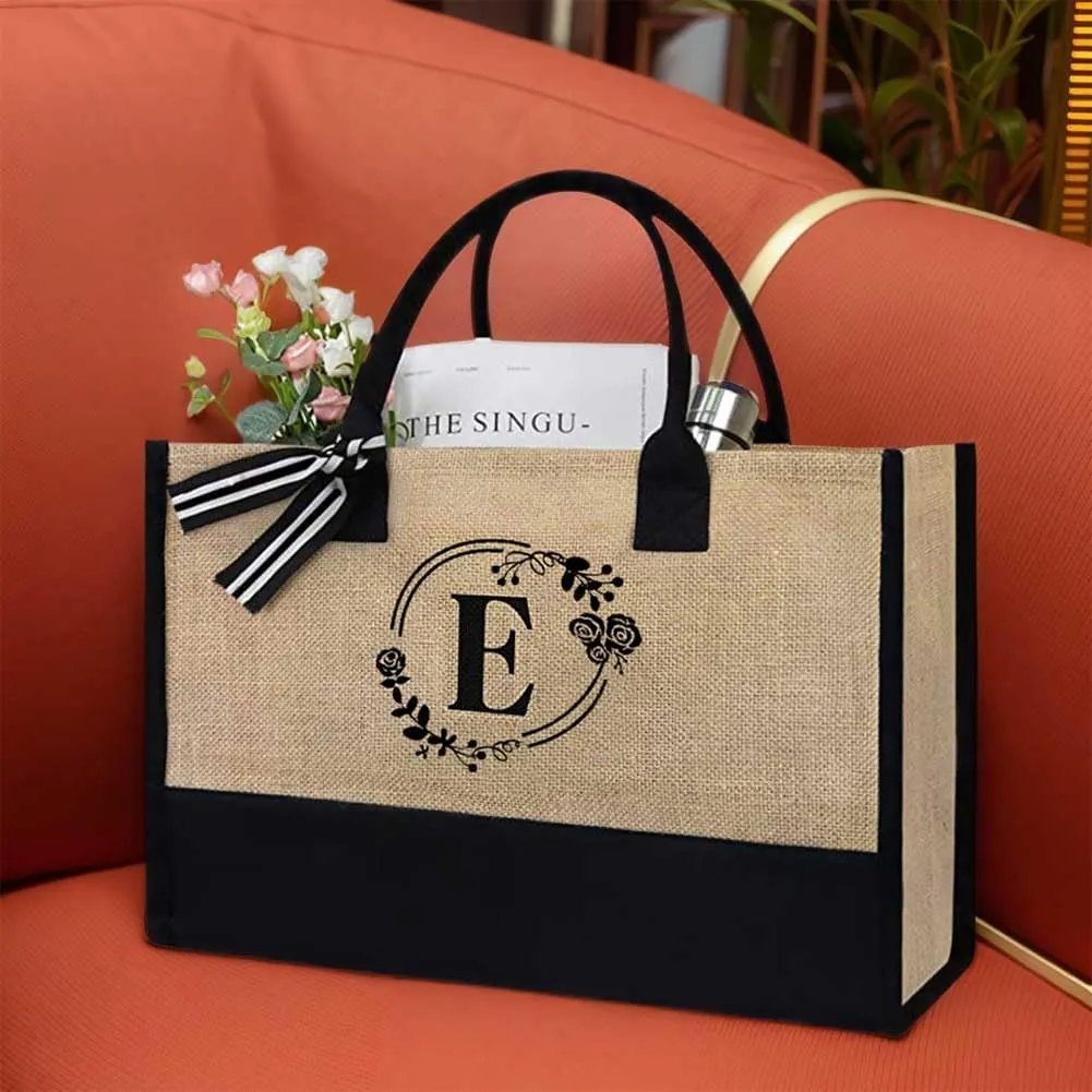 Women Jute Tote Bag Personalized Tote Bag Large Capacity Fashion Shopping Bag with Letter Linen Travel Handbag for