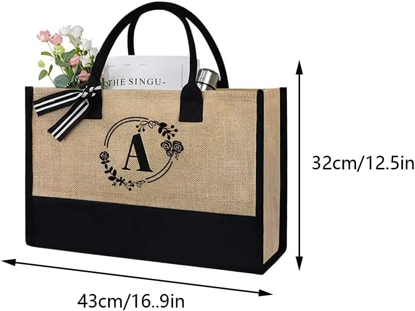 Women Jute Tote Bag Personalized Tote Bag Large Capacity Fashion Shopping Bag with Letter Linen Travel Handbag for