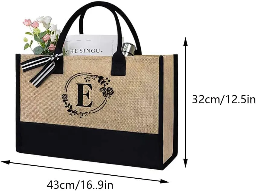 Women Jute Tote Bag Personalized Tote Bag Large Capacity Fashion Shopping Bag with Letter Linen Travel Handbag for