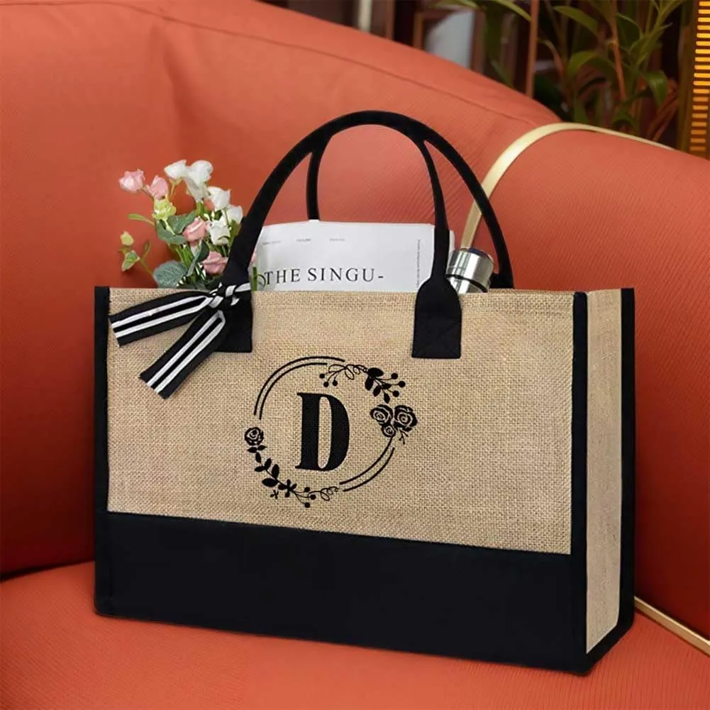 Women Jute Tote Bag Personalized Tote Bag Large Capacity Fashion Shopping Bag with Letter Linen Travel Handbag for