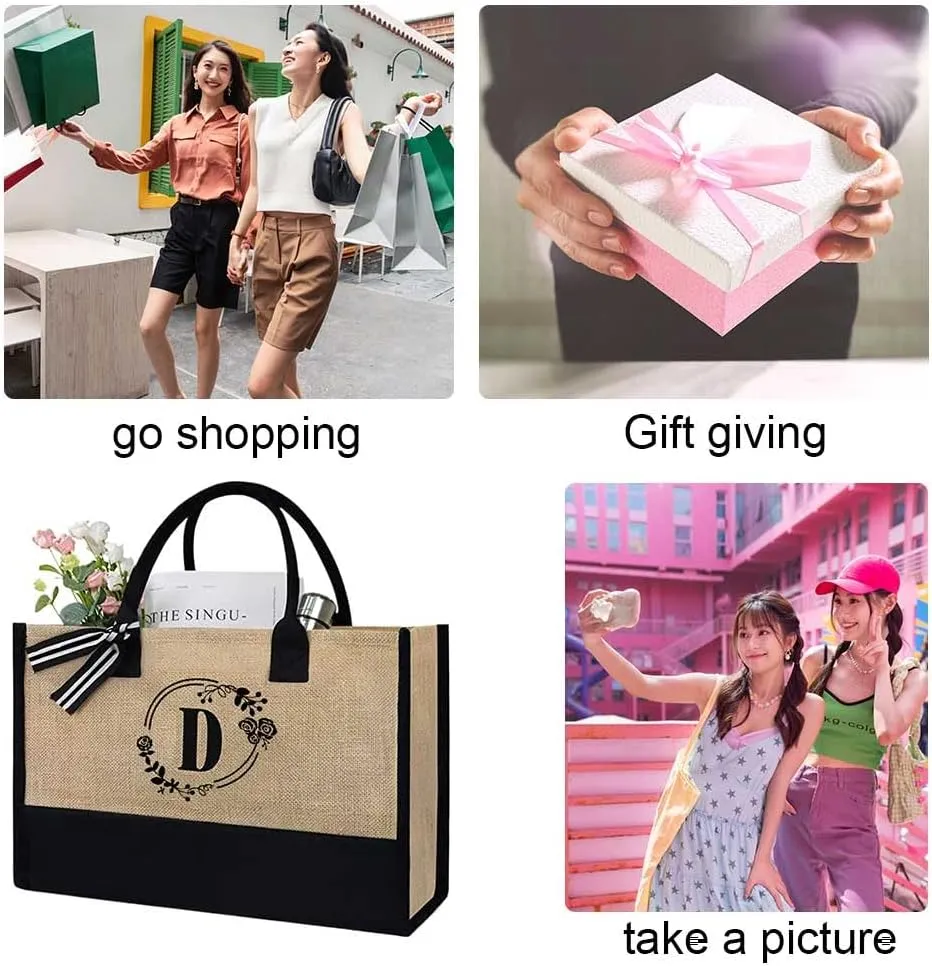 Women Jute Tote Bag Personalized Tote Bag Large Capacity Fashion Shopping Bag with Letter Linen Travel Handbag for
