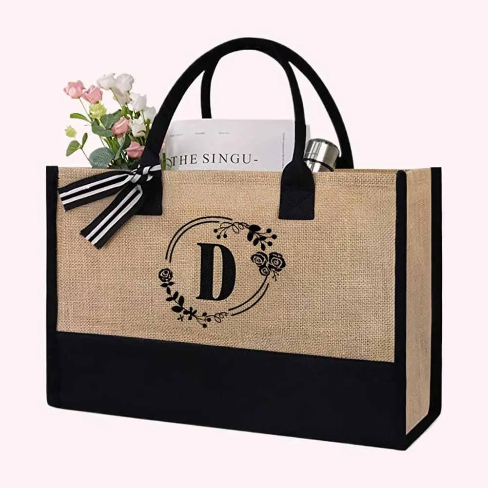 Women Jute Tote Bag Personalized Tote Bag Large Capacity Fashion Shopping Bag with Letter Linen Travel Handbag for