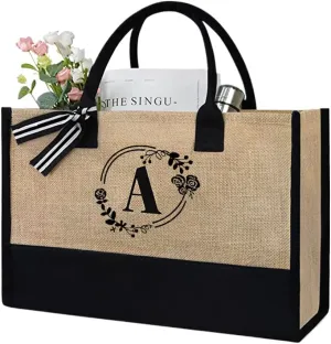 Women Jute Tote Bag Personalized Tote Bag Large Capacity Fashion Shopping Bag with Letter Linen Travel Handbag for
