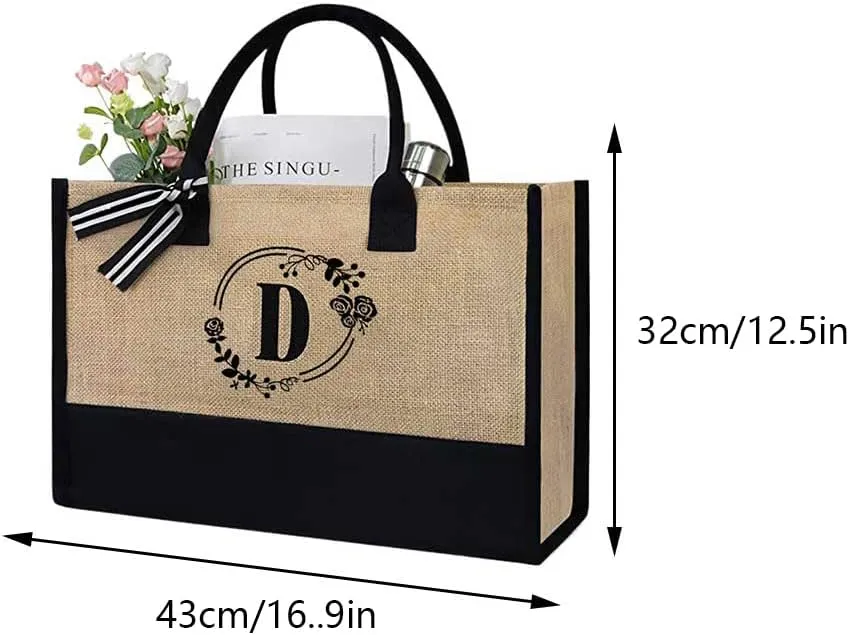 Women Jute Tote Bag Personalized Tote Bag Large Capacity Fashion Shopping Bag with Letter Linen Travel Handbag for