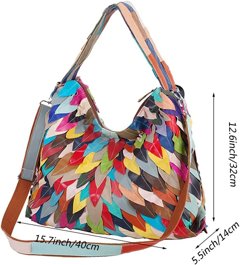 Women Leather Tote Random Colourful Shoulder Purse Splicing Handbag Leaf Satchel