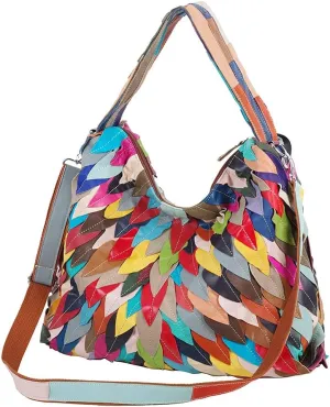 Women Leather Tote Random Colourful Shoulder Purse Splicing Handbag Leaf Satchel