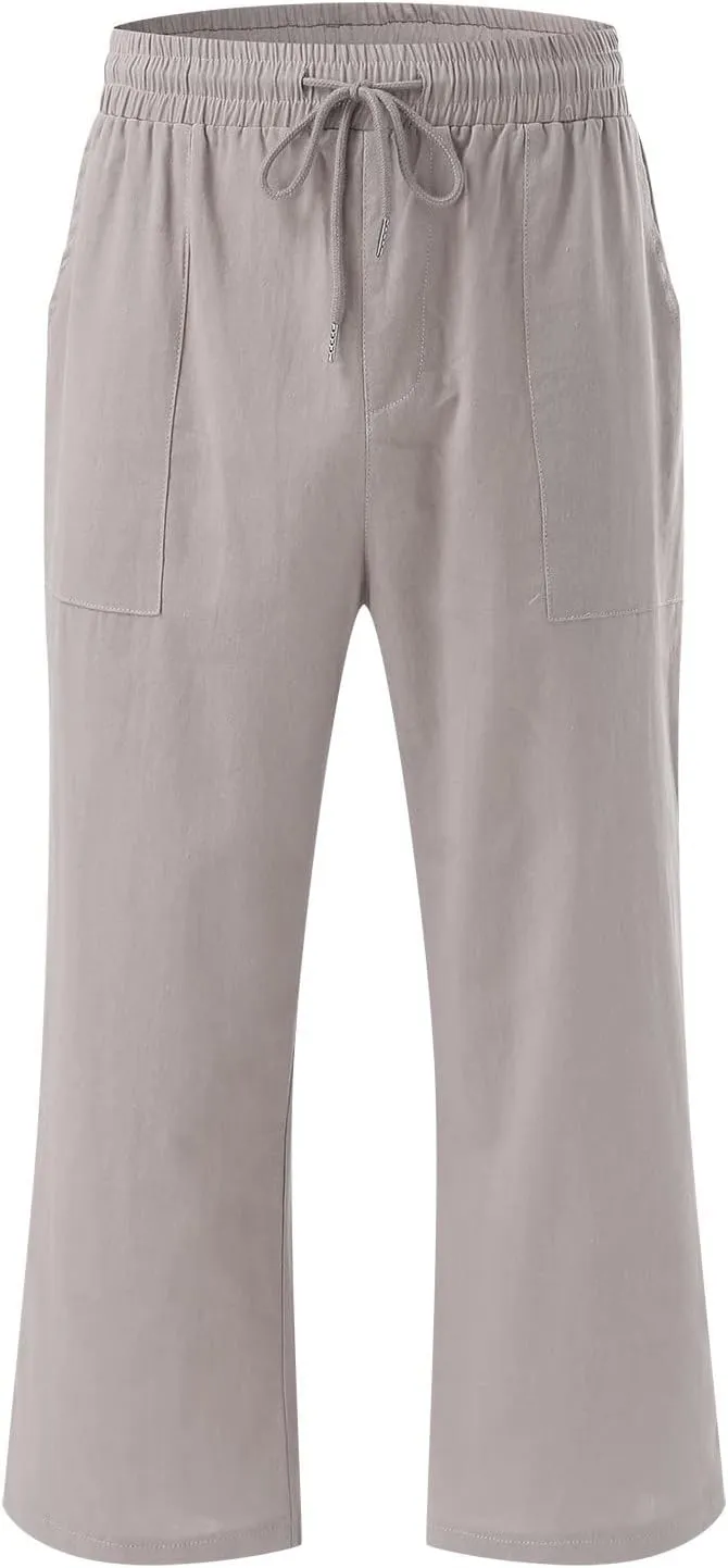 Women Linen Summer Palazzo Pants Flowy Wide Leg Boho Pants Elastic High Waist Work Office Trouser with Pocket