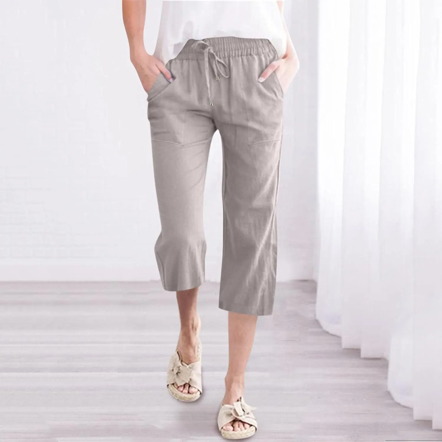 Women Linen Summer Palazzo Pants Flowy Wide Leg Boho Pants Elastic High Waist Work Office Trouser with Pocket