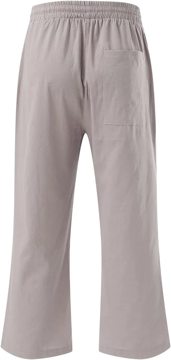 Women Linen Summer Palazzo Pants Flowy Wide Leg Boho Pants Elastic High Waist Work Office Trouser with Pocket