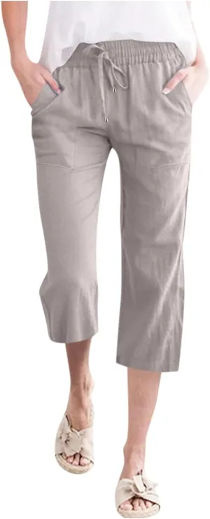 Women Linen Summer Palazzo Pants Flowy Wide Leg Boho Pants Elastic High Waist Work Office Trouser with Pocket